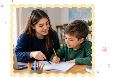 Two high school students smiling while tutoring a younger student at a kitchen table, textbooks and a laptop visible; friendly, encouraging tone